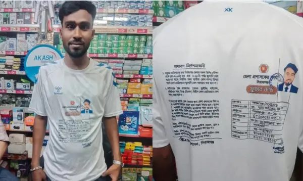 তেল পেতে বৈধ ফুয়েল কার্ডের ছবি গেঞ্জিতে প্রিন্ট করলেন ব্যবসায়ী
