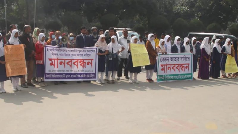 বেতন-ভাতা বন্ধ, মানববন্ধনে কাঁদলেন শিক্ষকরা
