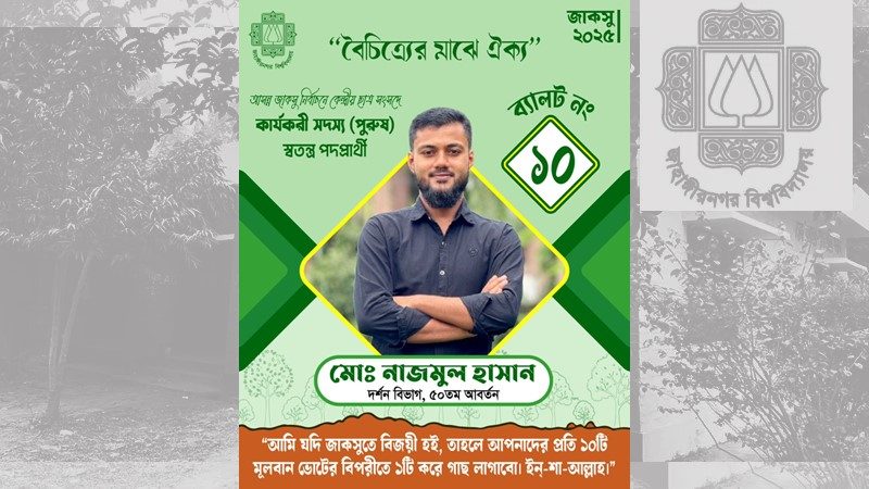 জাকসু নির্বাচনে পাওয়া প্রতি দশ ভোটের বিপরীতে একটি গাছ রোপণের ইশতেহার নাজমুলের
