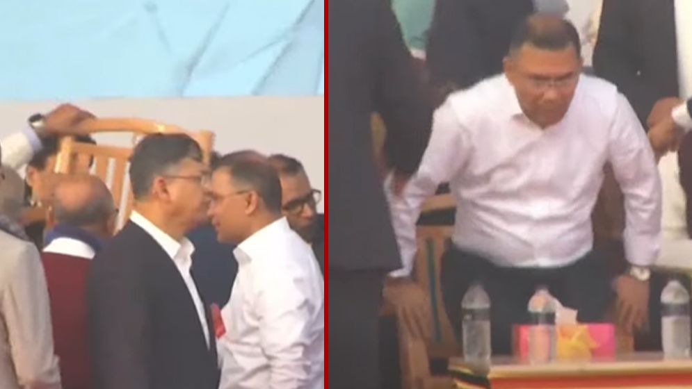 বিশেষ চেয়ার সরিয়ে সাধারণ চেয়ারে বসলেন তারেক রহমান