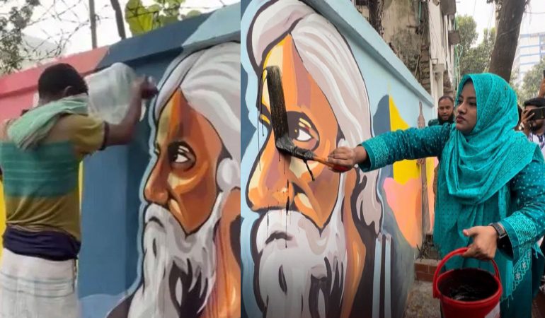 রবীন্দ্রনাথের গ্রাফিতিতে তরুণী দিলেন কালি,মুছলেন রিকশাচালক